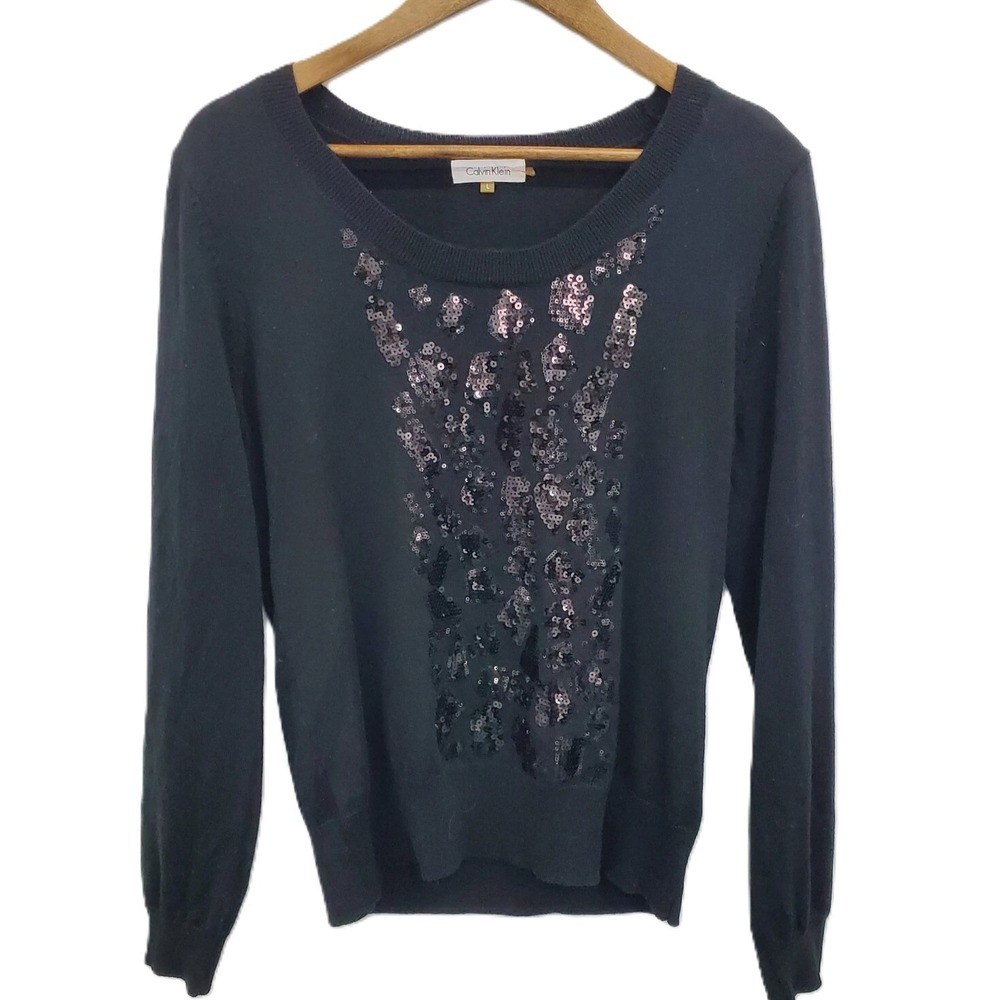 Calvin Klein‎ Womens L Black Wool Blend Sequin Long Sleeve Dressy Knit Sweater